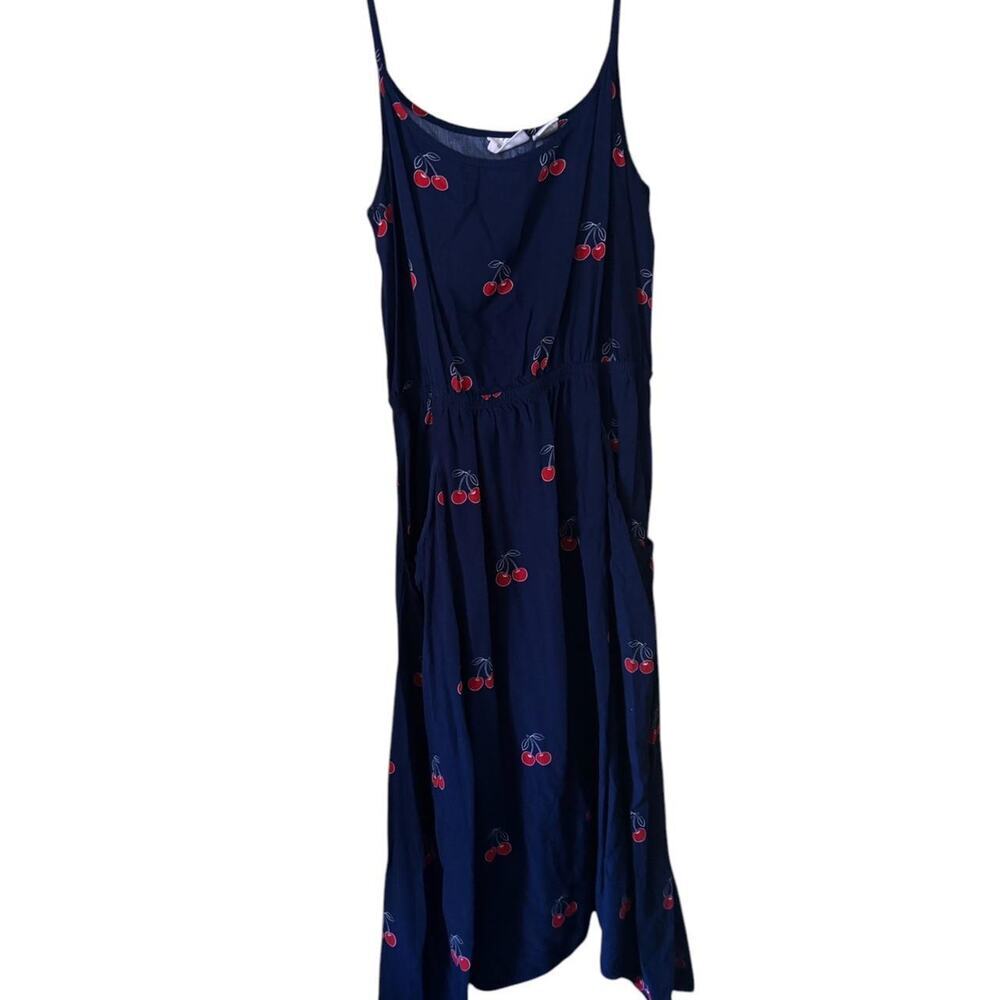 Navy Blue Cherry Print Dress - Spaghetti Straps Cinched Waist Flowy Summer Style